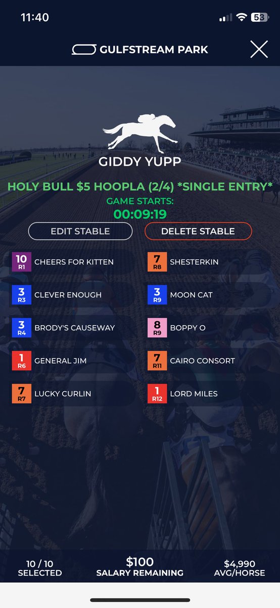 Trying to get off the @StableDuel schneid in $50 #HolyBull at @GulfstreamPark. No finishes in money in my last five contests. Let’s go! @BriMott
