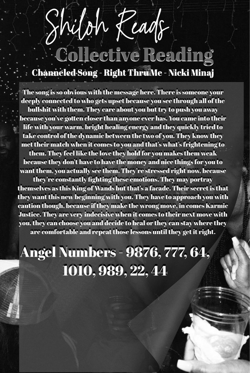 TheShilohRitual's tweet image. #CollectiveReading

Channeled Song - Right Thru Me - Nicki Minaj 

Angel Numbers - 9876, 777,64,1010, 989, 22, 44

Zodiacs - Yours or theirs - #Cancer #Aquarius #Leo #Libra #Sagittarius #Scorpio 

#Tarot #TarotReading