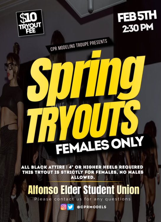 CPRModels's tweet image. Are you ready for spring auditions?ladies come in 4inch heels or higher, wear all black and bring water! Make sure you have your $10 fee ready and meet us at the old student center tomorrow at 2:30PM!🖤💛🤍