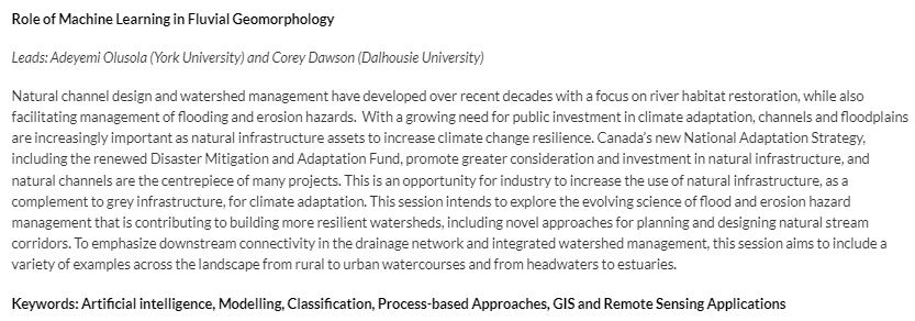 olusolayemi's tweet photo. Are you a river enthusiast? @NaturalChannels systems conference 2023 will be coming up at #Guelph Myself and Corey Dawson will be chairing a session on the role of #MachineLearning in #fluvialgeomorphology #abstract submission is opened
https://t.co/DLORAFt9YN https://t.co/YHYUWZ86jN
