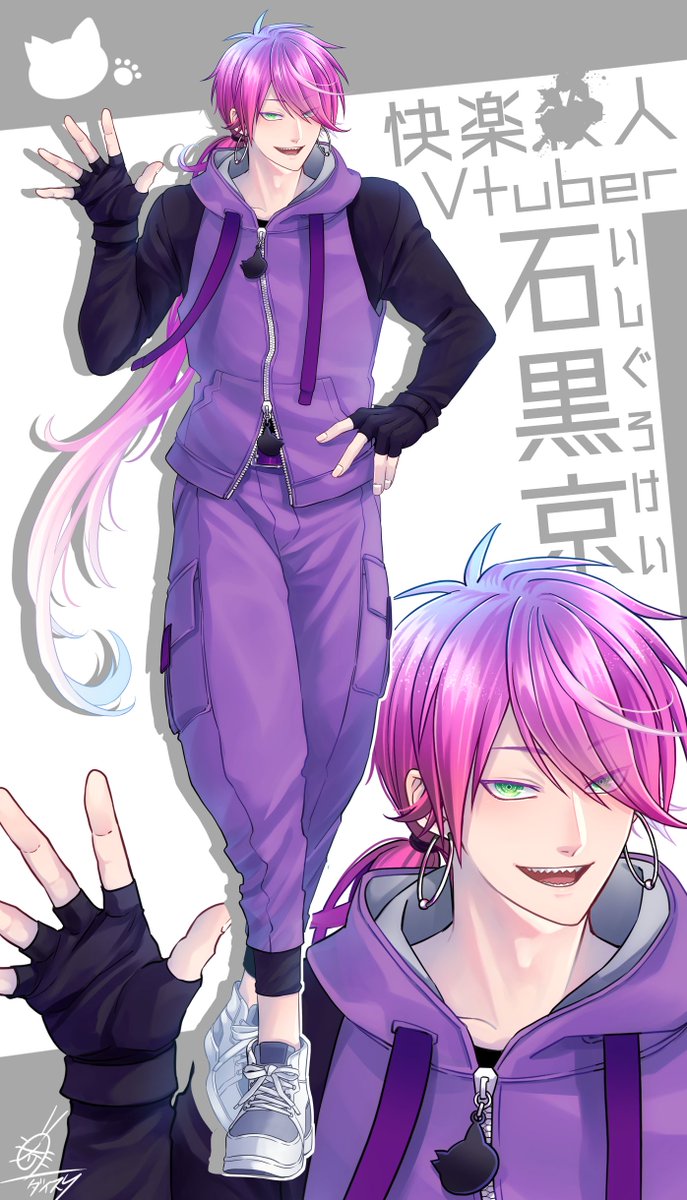 1boy male focus pink hair fingerless gloves gloves long hair earrings  illustration images