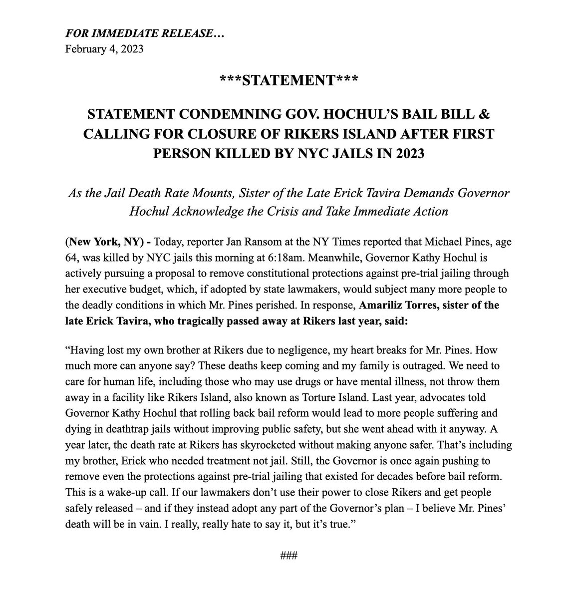 🕯 Early this morning, NYC jails killed Marvin Pines, as the death rate at Rikers surges. 

Amaraliz Torres, whose own brother Erick died at Rikers last year, responds: My family is outraged. We need to care for human life. Reject <a href="/GovKathyHochul/">Governor Kathy Hochul</a>'s bail plan. Close Rikers now.