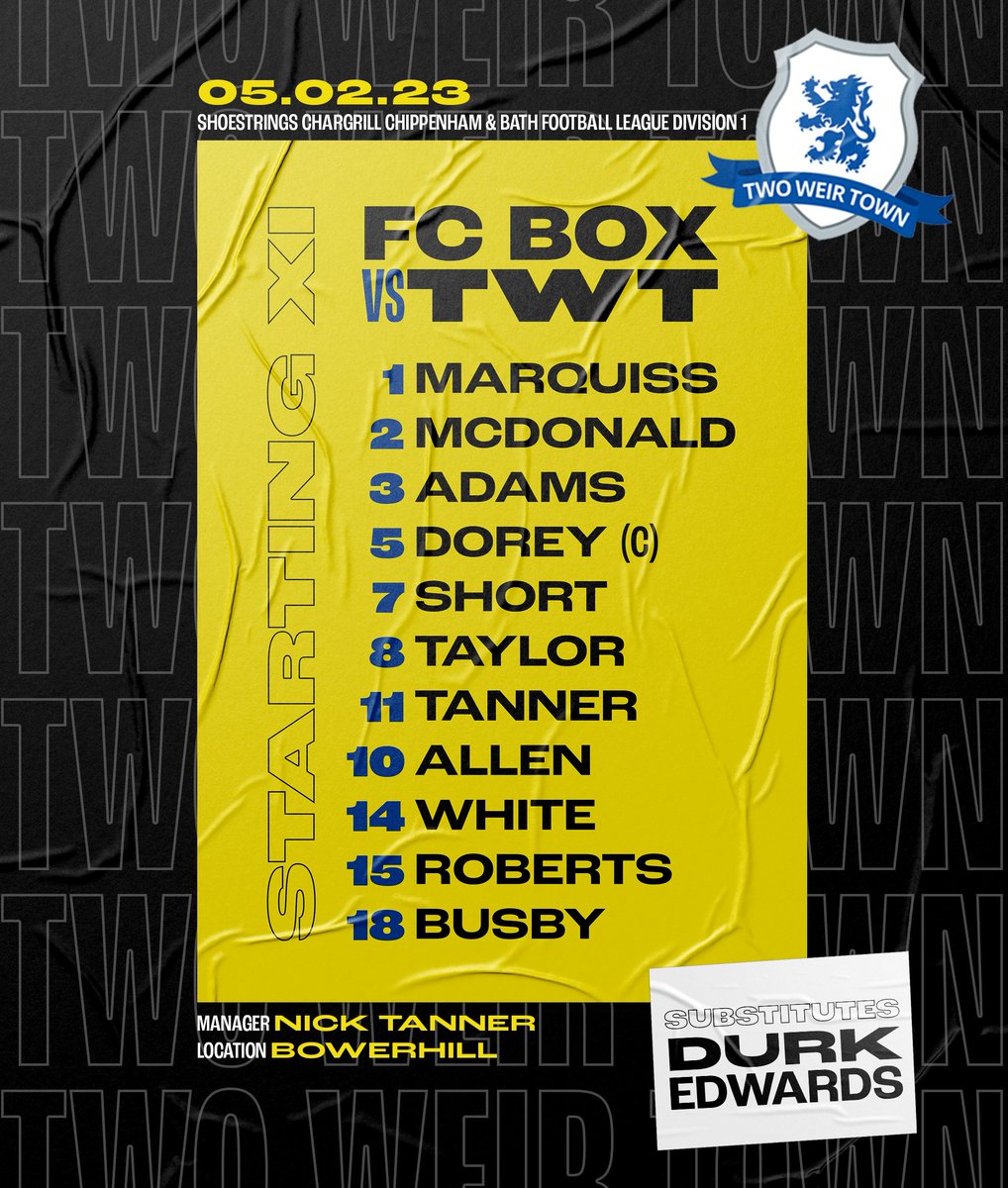 TwoWeir's tweet image. We're in Melksham this morning facing FC Box, hoping to bounce back from last week's result 💪📦

👟 Adams comes in at right-back
🪡 Taylor starts for the first time since November
🥅 Tanner leads the attack
🪑 Durk returns to the bench

Let's go boyssss!! 👏🔵🦁