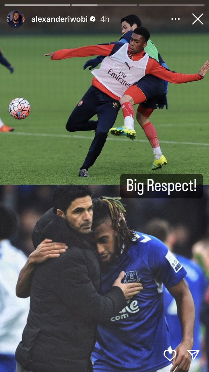 Alex Iwobi on Instagram story, with Mikel Arteta during their time together at Arsenal &amp; after the full-time whistle today: “Big Respect!” #afc
