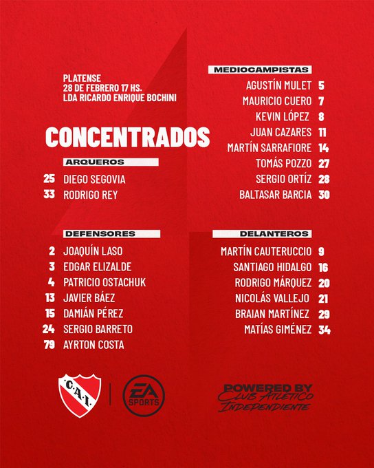 Lista de concentrados de Independiente para enfrentar a Platense,  con las presencias de Martín Sarrafiore y Baltasar Barcia. FoJ5ZAxXEAAlmZE?format=jpg&name=small