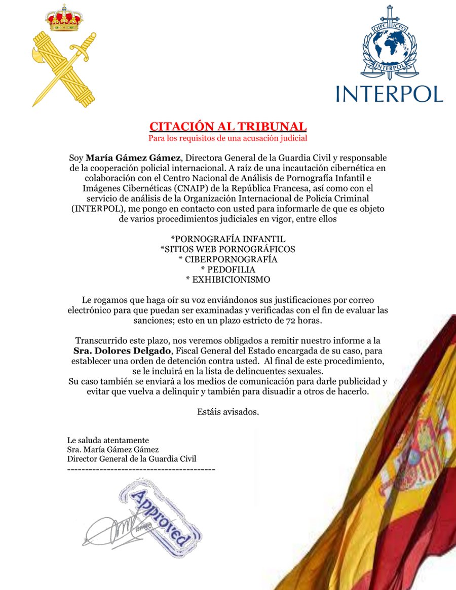 guardiacivil's tweet photo. #AVISO❗Detectada campaña de #extorsión que suplanta a FFCCSE.  Acusa al destinatario que ha visitado sitios web de pornografía infantil y que ha cometido delitos. En un documento adjunto exige enviar datos para justificar dichas acusaciones. #NoPiques 

https://t.co/kgqG1hlwS7 https://t.co/mpuSmH2neb