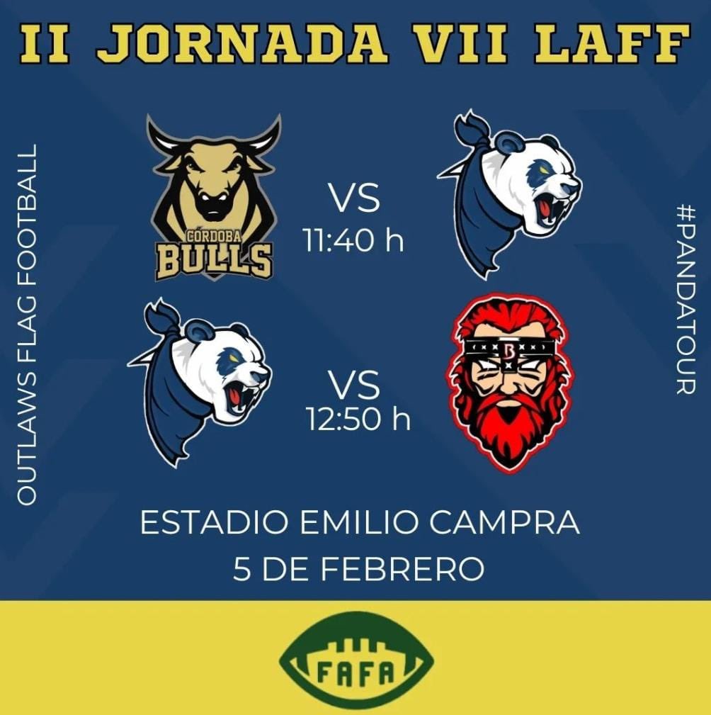 II JORNADA VII LIGA ANDALUZA DE FLAG FOOTBALL🏆🏈
 
📅5 de Febrero 
📍Estadio de la Juventud “Emilio Campra” (Almería)

GAME1️⃣
🆚<a href="/CordobaBulls/">CÓRDOBA BULLS</a> 🐂
🕒11:40h

GAME2️⃣
🆚<a href="/cfabarbarians/">Almería Barbarians🏈</a> ⚔️
🕒12:50h