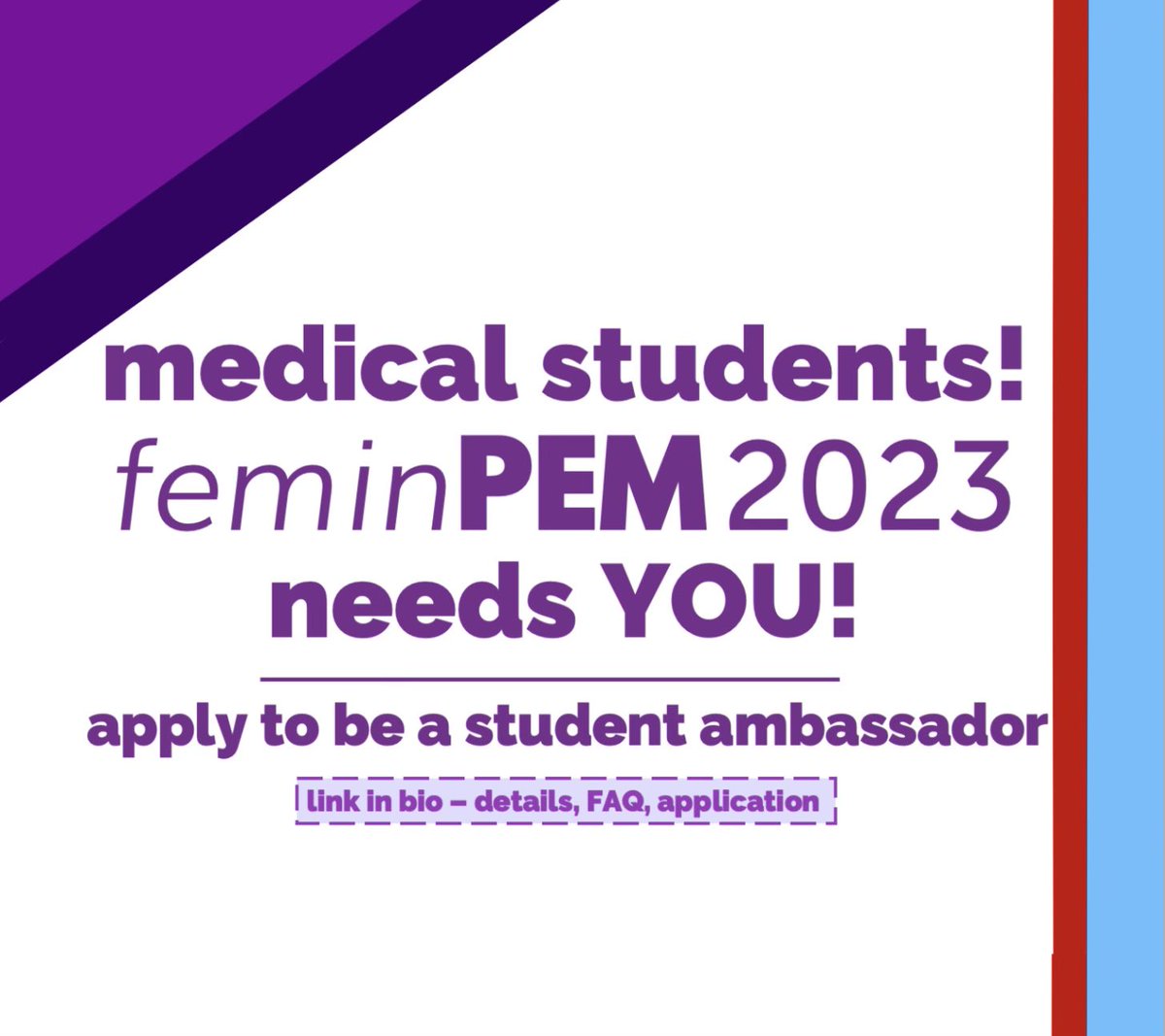 FeminPEM 2023 is seeking medical student ambassadors! This is a unique and fun opportunity for any medical student, no matter where you are in your career-planning journey. 
Application is OPeN NoW on our website- link in bio. 
💙🤍❤️🤍💙
September 22, 2023 in Chicago, IL
