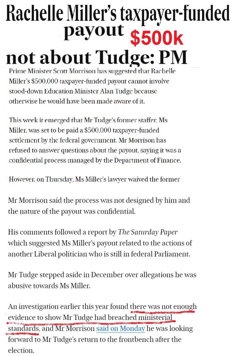 Is it true #RachelleMiller now works for PwC?

And why was her $500,000 taxpayer shush money, authorised by #Morrison paid?

If it wasn't about Tudge, who is it protecting?