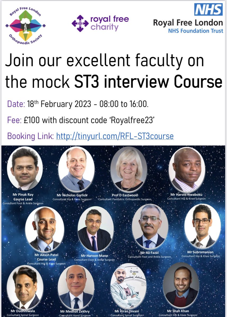 Booking Link: tinyurl.com/RFL-ST3course

#RoyalFreeLondon #RFLOS #ST3interview #RoyalFreeCharity #Orthopaedicsurgery