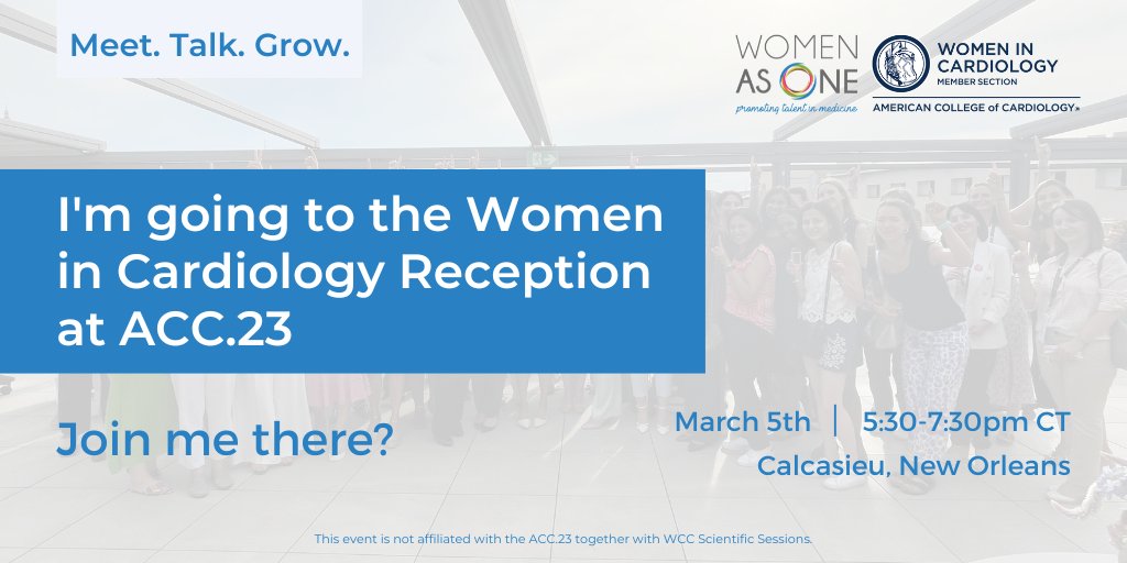 Join us at the Women in Cardiology Reception at #ACC23! ✨

Hosted by @WomenAs1 and #ACCWIC Council

Register now 👉bit.ly/3YgbNMa [nam04.safelinks.protection.outlook.com]
📆Sunday, March 5th, 5:30-7:30

👩‍⚕️#ACCWIC #WomenInCardiology #CardioTwitter #WomenInMedicine #ACC23✨