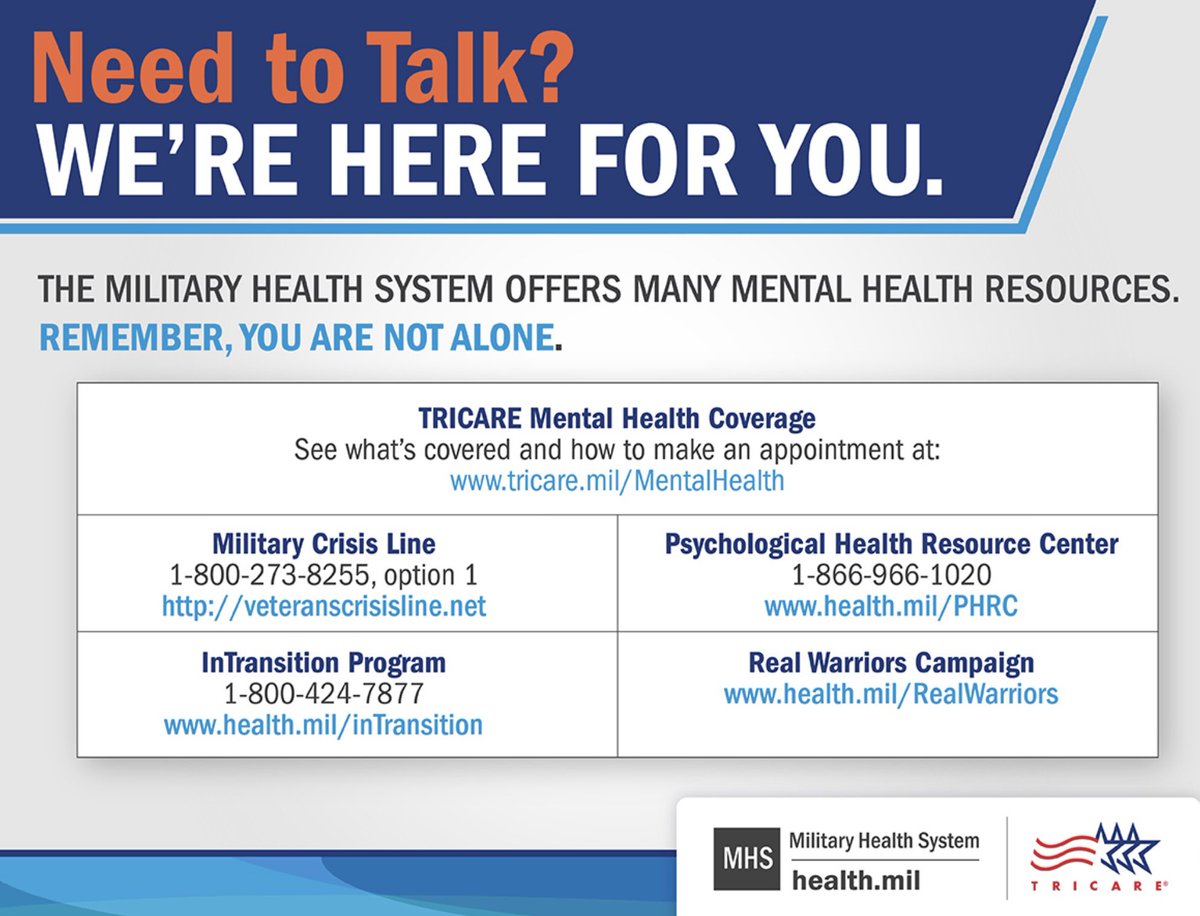 For our brothers and sisters who need someone to talk to. If you are struggling mentally & you need to talk to someone, these phone numbers are great resources! You are important and cared about! 

#MilitaryMentalHealth #MentalHealth