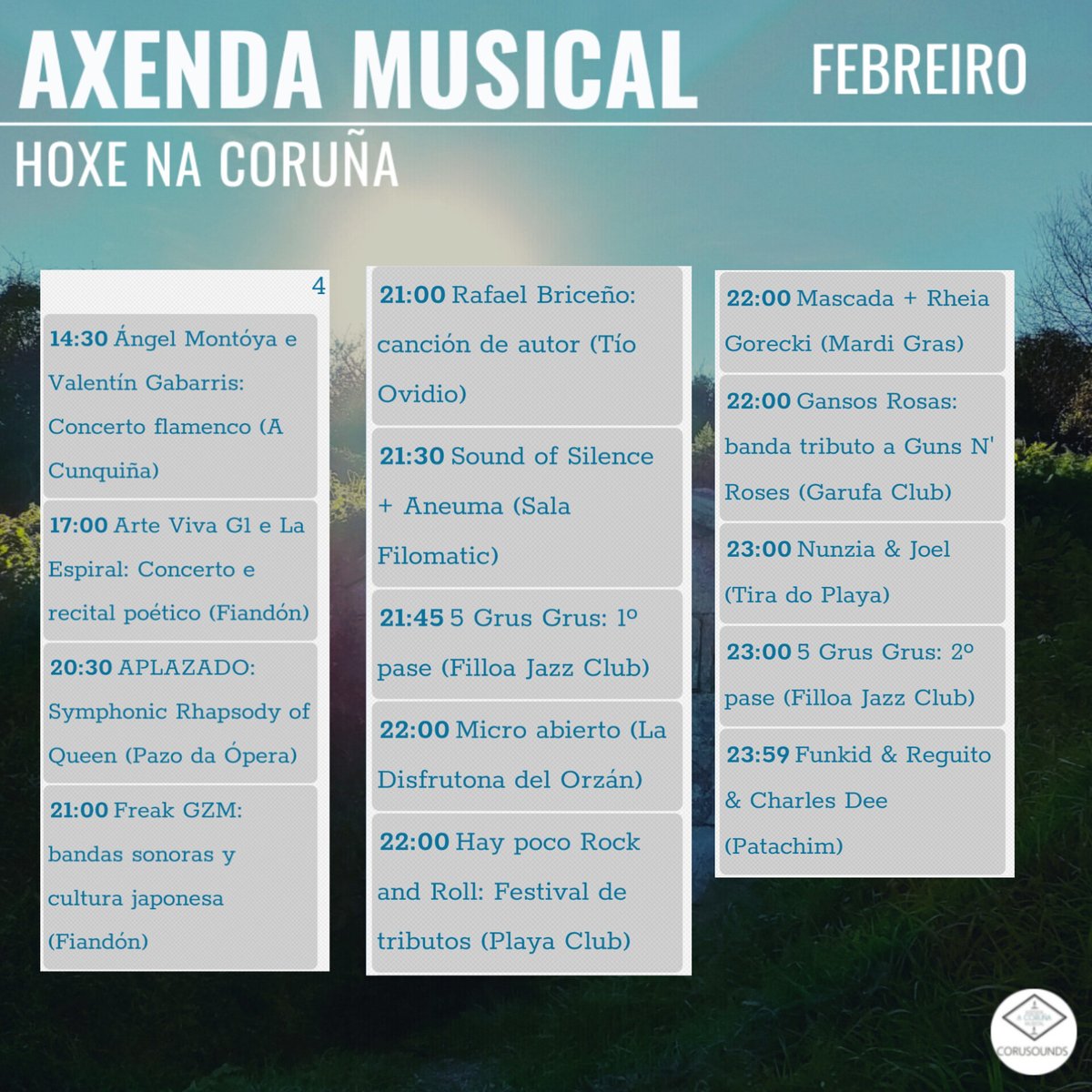 Hoxe na Coruña... 
.
.
.
Podes ver todos os concertos programados este ano en: corusounds.emiweb.es/agenda
#ACoruña #Coruña #AxendaMusical #AgendaMusical #Musica #Concertos #Concertos #Cultura #culturaparatodos #CulturaSegura