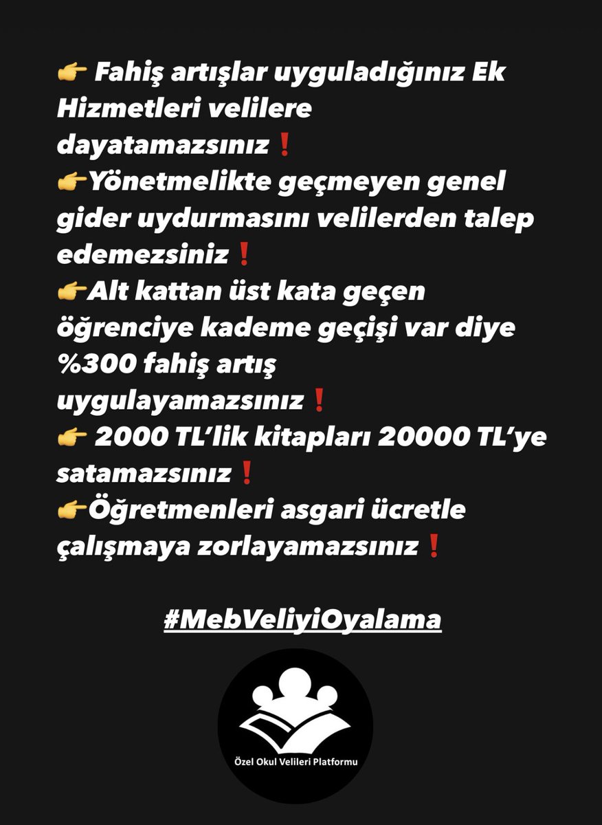 OzelVelileri's tweet photo. Her gün sosyal medyada  özel okulların haksız fiyat uygulamasıyla ilgili yüzlerce belge paylaşılırken yüzlerce şikayet bakanlığa ulaştırılıyorken @tcmeb’in  hala  iddialar gerçekse gerekeni yapacağız açıklamasını kabul etmiyoruz❗️Çözüm bekliyoruz❗️@aydinagaoglu #MebVeliyiOyalama https://t.co/G0cvqcCv7C