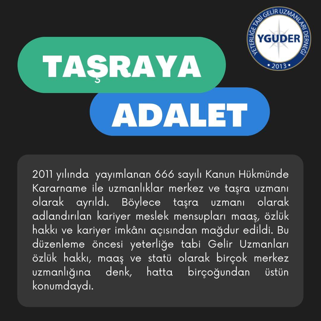 Gelir Uzmanlığı diğer kariyer meslekler gibi DMK’nın 36.maddesinde yer alan kariyer bir meslektir. 
Eşit olduğumuz diğer kariyer meslekler ile aramızda oluşturulan merkez-taşra ayrımının kaldırılarak özlük haklarımızın eşitlenmesini istiyoruz.

#YTGelirUzmanlarınaAdalet