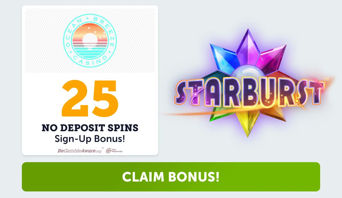 Ocean Breeze Casino gives you 25 No Deposit Spins to play the viral slot, Starburst! &#127775; Sign up, use the bonus code STARBURST25 and the spins are yours! &#129321;