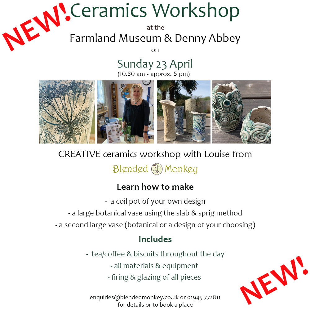 blended_monkey's tweet photo. Creative Ceramics Workshop at the Farmland Museum & Denny Abbey on SATURDAY 23 APRIL🍃
enquiries@blendedmonkey.co.uk for more details or to book a place🐵
@FarmlandMuseum
#localcrafts #claytherapy #mindfulness #potterycambs #botanicals #createwithclay #clayart #ruralcrafts https://t.co/W6g9bWoySi
