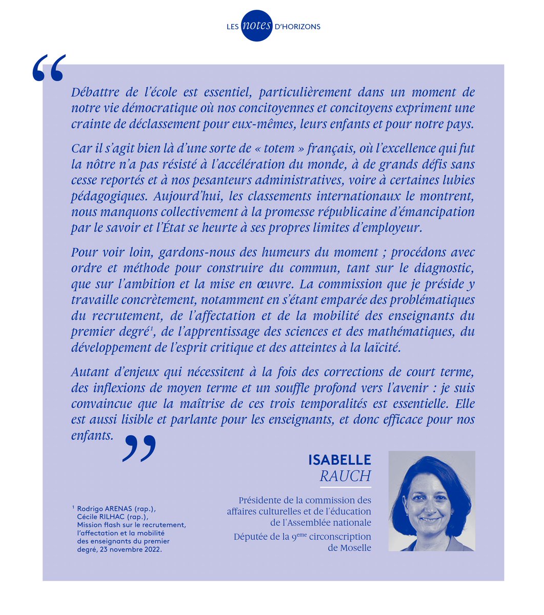 IsabelleRauch's tweet photo. 🔵 « Pour voir loin, gardons-nous des humeurs du moment ; procédons avec ordre et méthode pour construire du commun. »
Ce mois-ci, la Note d’@HorizonsLeParti  se penche sur l’avenir du métier d’enseignant.
➡️ https://t.co/TduIPJ9oZa
#JeRejoinsHorizons https://t.co/DSz0Rk1juD