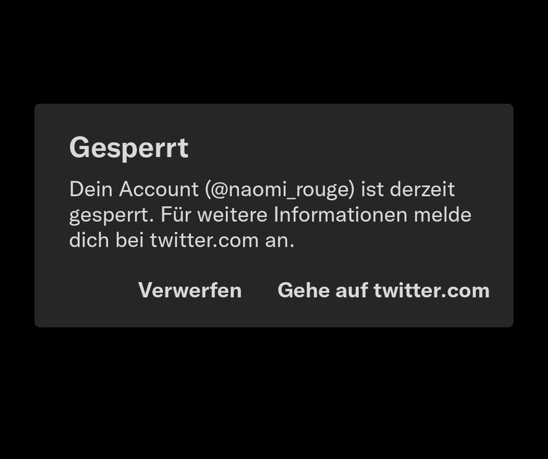 Mein Hauptaccount @naomi_rouge wurde gesperrt, Twitter macht gerade eine purge. Ist euch sicher aufgefallen an sinkenden Followerzahlen usw.
Any Tipps? 😢 #help #TwitterPurge