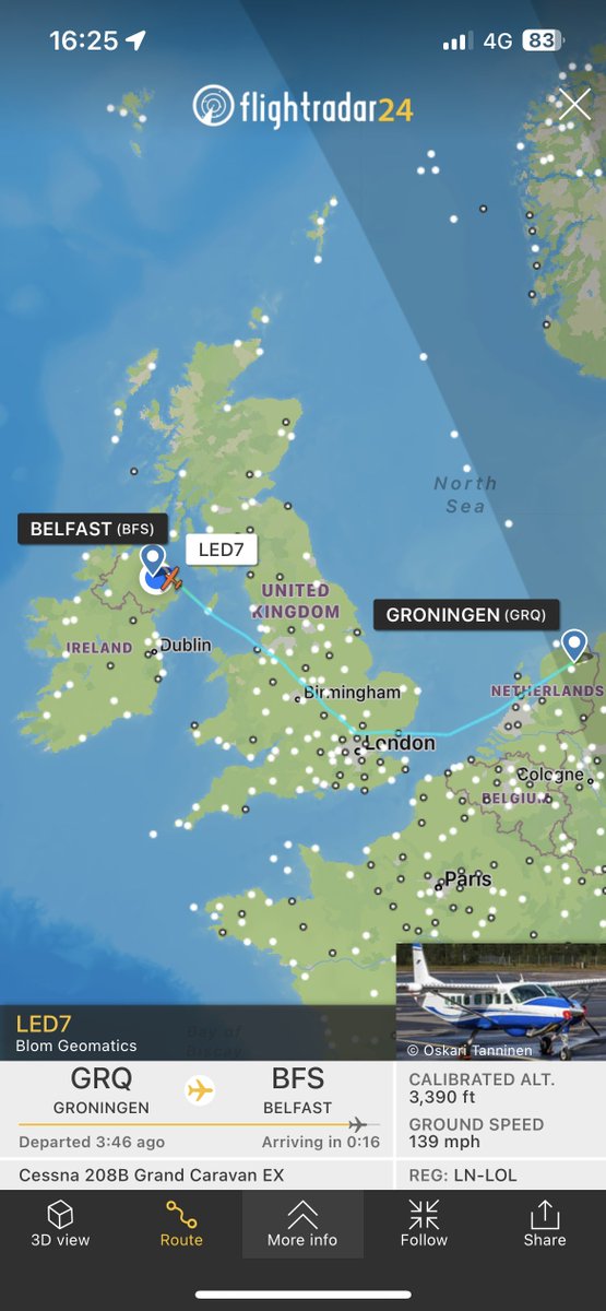 TheSnoopySnoop's tweet photo. Arriving just between showers &amp; before sunset to @belfastairport from Groningen today, taking a rather long route

#LED7 🇳🇴 Biom Geomatics
Cessna 208B Grand Caravan EX, LN-LOL

#avgeek #Planespotting https://t.co/yfBZ5b65e9