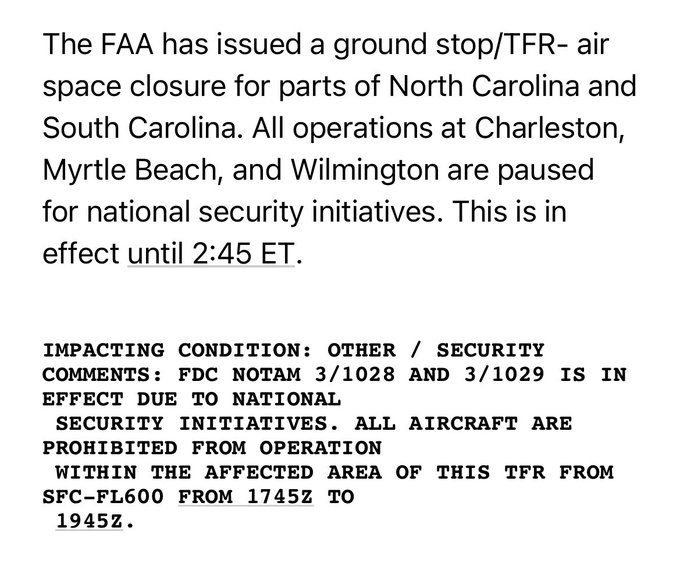 IntelCrab's tweet photo. Not only a TFR, but ground stops, too, for three local airports. https://t.co/Kl92FKzBko