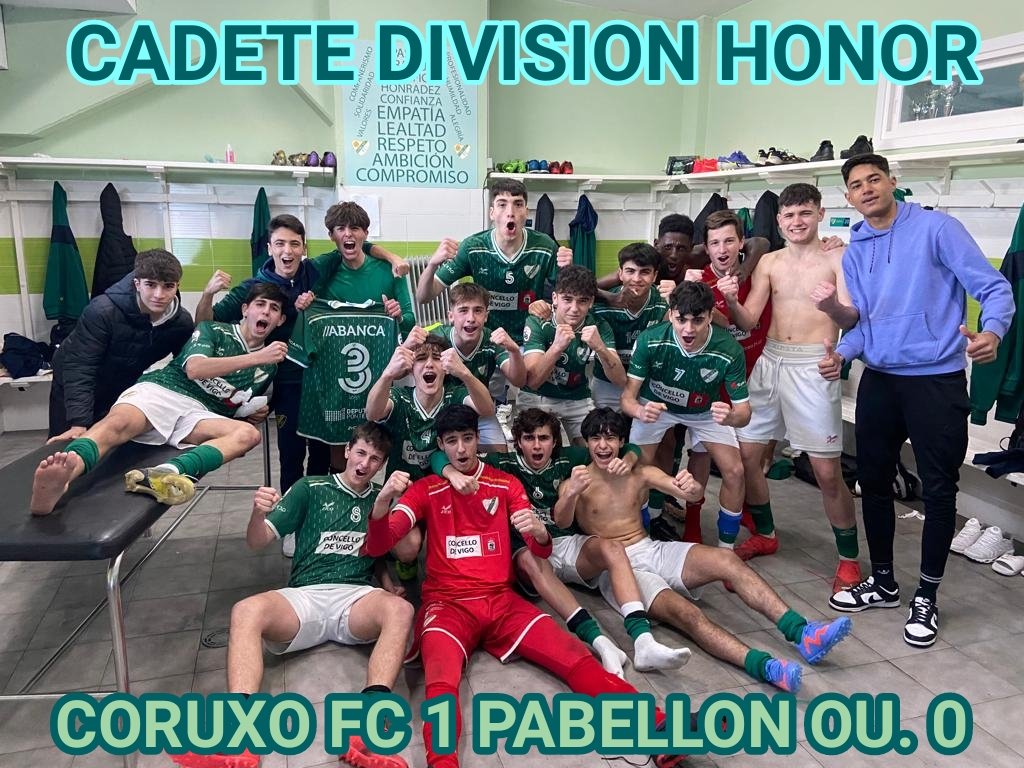 Cadete División Honor.
<a href="/CoruxoFCoficial/">Coruxo FC ⚒️</a> 1️⃣
<a href="/pabelloncf/">Pabellón Ourense CF</a> 0️⃣
Partidazo de poder a poder. El Coruxo consigue una importante victoria ante un difícil Pabellón. El gol de los vigueses anotado por Óscar Loureiro en el min.71
