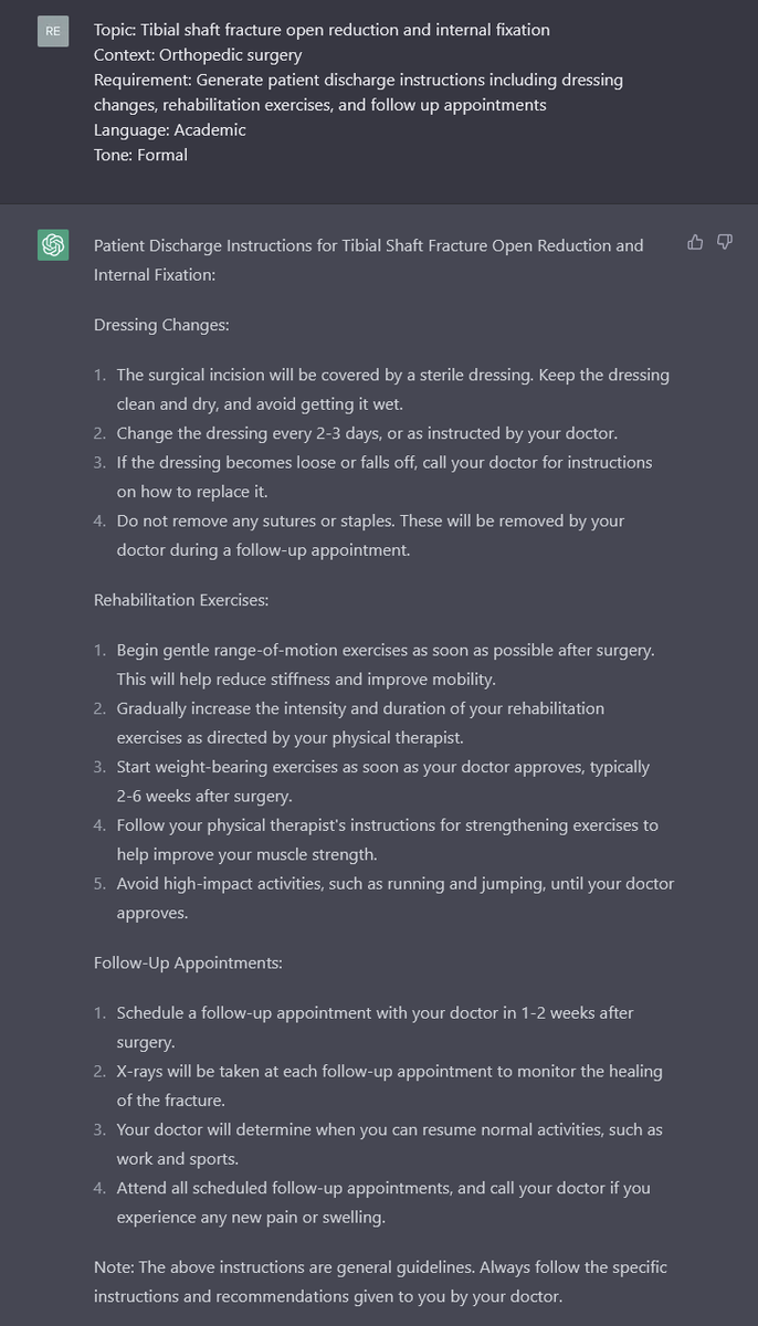 RownDoesScience's tweet image. First time playing with ChatGPT. Not perfect instructions, but given little prompting, it's very impressive.  #ChatGPT #OrthopedicTrauma #OrthoTwitter