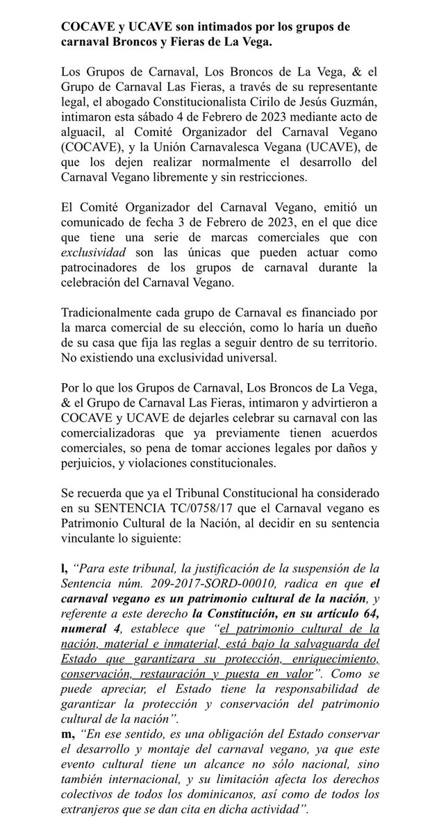 matiasgarciard's tweet photo. COCAVE y UCAVE son intimados por los grupos de carnaval Broncos y Fieras de La Vega.
 
Los Grupos de Carnaval, Los Broncos de La Vega, &amp; el Grupo de Carnaval Las Fieras, a través de su representante legal, el abogado Constitucionalista Cirilo de Jesús Guzmán, intimaron https://t.co/j3qBzmHnGF