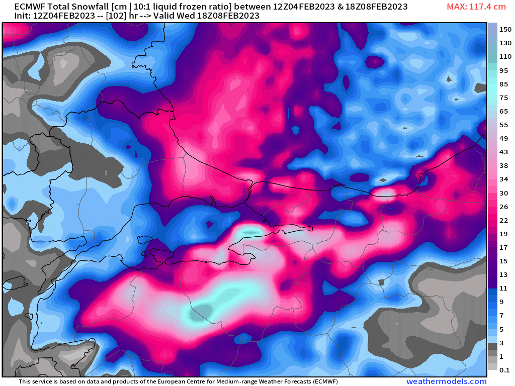 Ecmwf akşam modeli 102 saatlik kar haritası. Marmara denizi üzerinde 100 cm'lik bir kar yağma olasılığı. Bu sistem çok değişik bir sistem. Heyecan hat safhada.
#ecmwf #karharitası #karyağışı #Türkiyekar #soğuklar