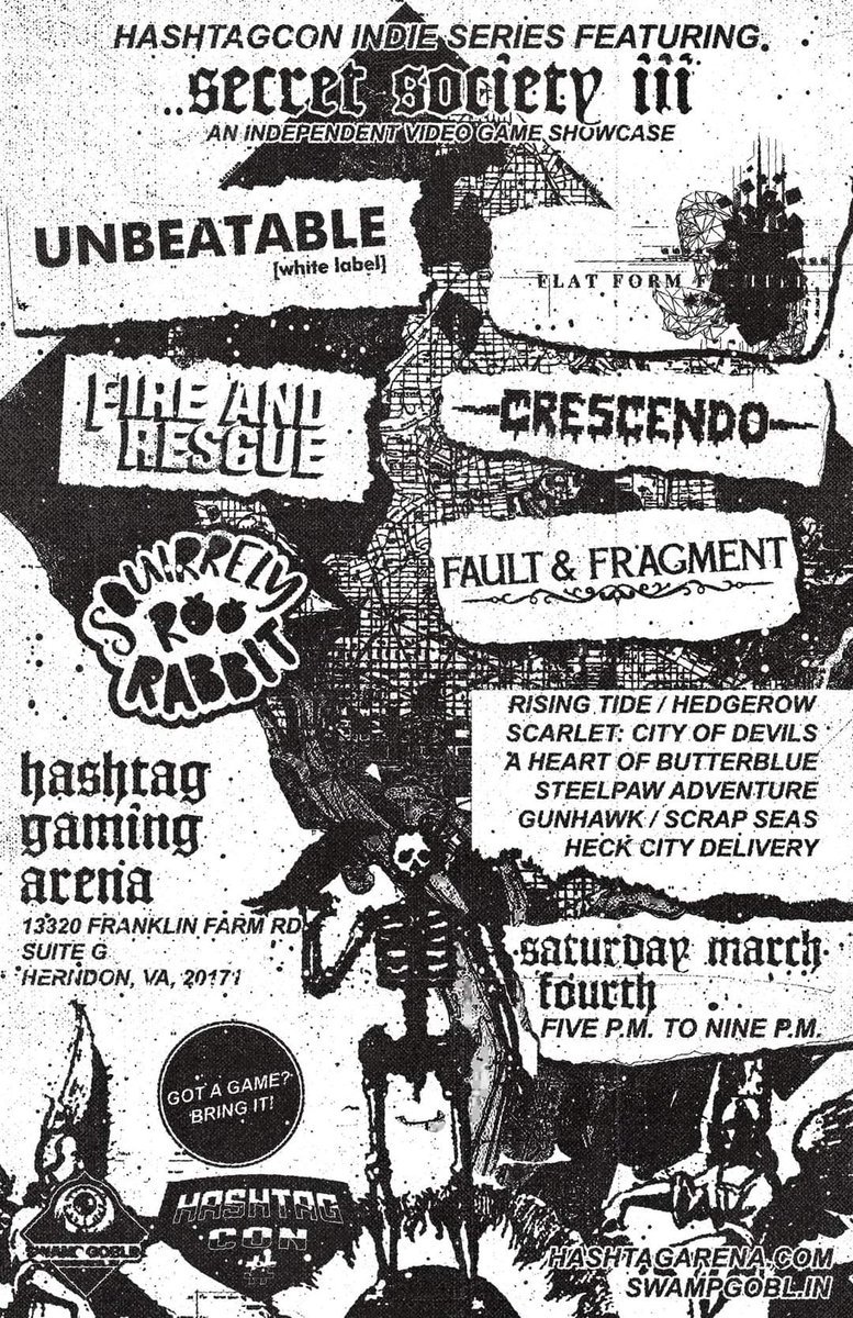 "LIVE FROM THE GOBLIN CAVE"

JOIN US AT <a href="/HashtagArena/">Hashtag Arena</a> MARCH 4TH FOR AN EVENING OF FINE INDEPENDENT VIDEO GAMES

ARE YOU MAKING A VIDEO GAME?
BRING IT ON A LAPTOP