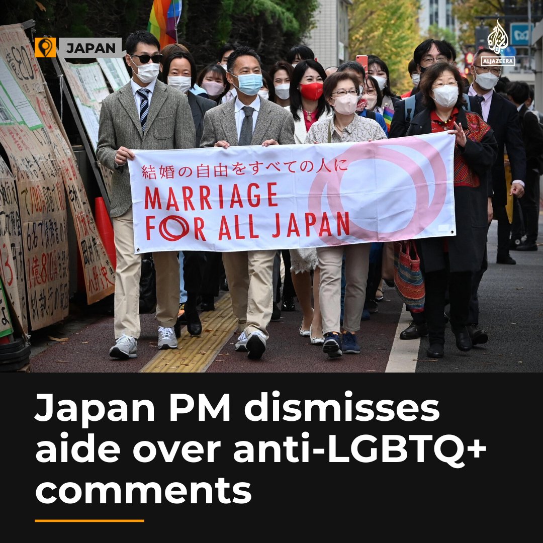 AJEnglish's tweet photo. Japanese PM Fumio Kishida has dismissed one of his secretaries for homophobic comments that he called ‘outrageous’ and ‘incompatible’ with an inclusive society https://t.co/BjlwFlD59T https://t.co/JE9qQIfcyu