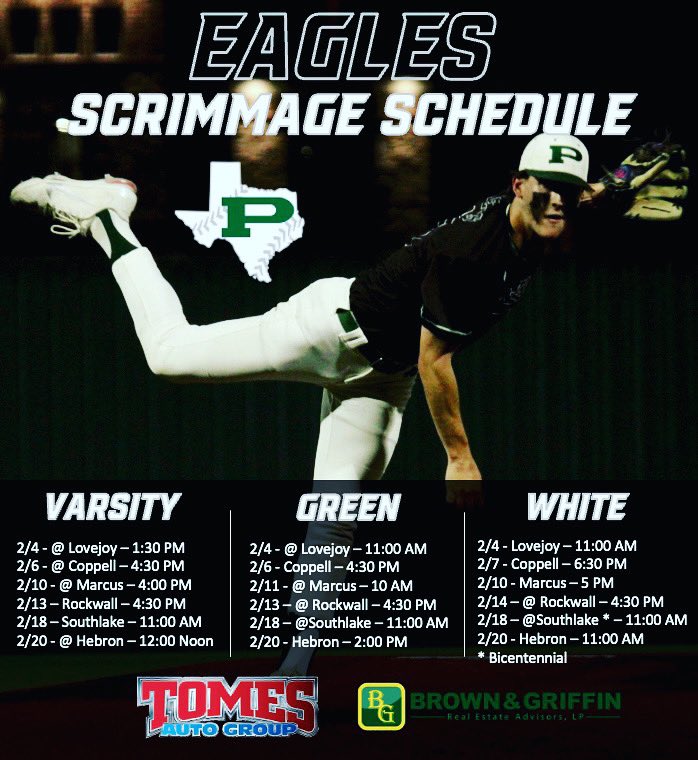 Prosper Eagles Baseball is back!! Here’s the scrimmage schedule for our three teams for the weeks ahead. Can’t wait to see y’all out there. 

#Details212
#UncommonMen
#StandardsOverFeelings
#ProsperHSBaseball