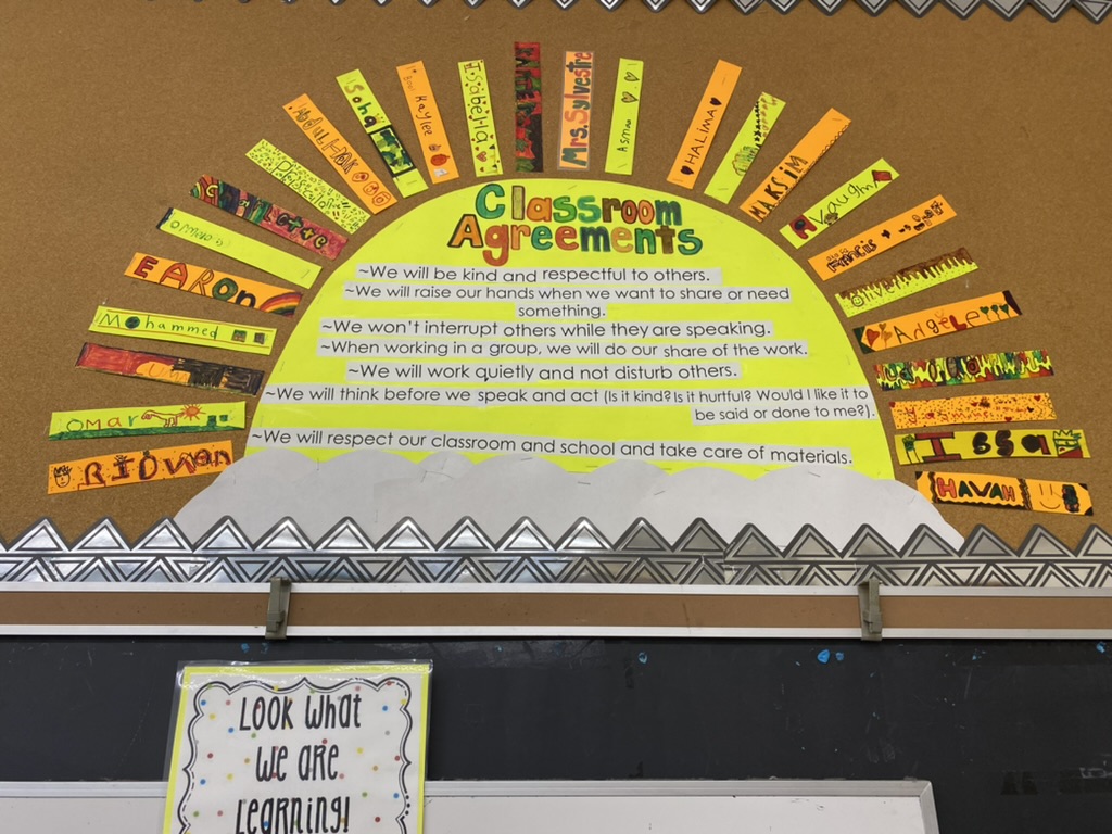 A visual classroom agreement to set goals and expectations at the beginning of the year! Also incorporating each youths personal design in their name cards! This wall art could be crossed with a literacy lesson in learning about respect and friendships! <a href="/PJLanguageArts/">PJ Language Arts Methodology UWindsor</a>