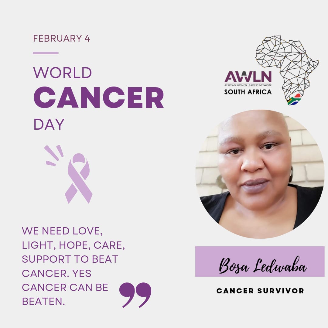 AWLNRSA1's tweet photo. "Today is World Cancer day. Please send all
cancer patients, cancer survivors and cancer
victims and their families a message of love
and hope."

Bosa Ledwaba 
AWLN Patron and Cancer Survivor https://t.co/UsQuW4uDav