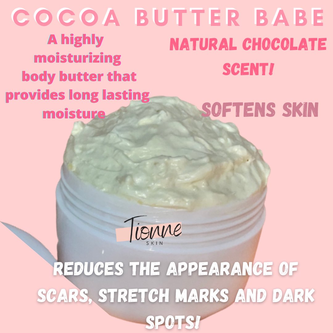 tionneskin's tweet image. Cocoa Butter provides many benefits!

Cocoa Butter Babe is my Cocoa Butter based body butter that helps to reduce the appearance of scars, stretch marks &amp;amp; reduces inflammation on skin, moisturizes &amp;amp; soften skin

It also has a natural chocolate scent that just smells amazing! 😍
