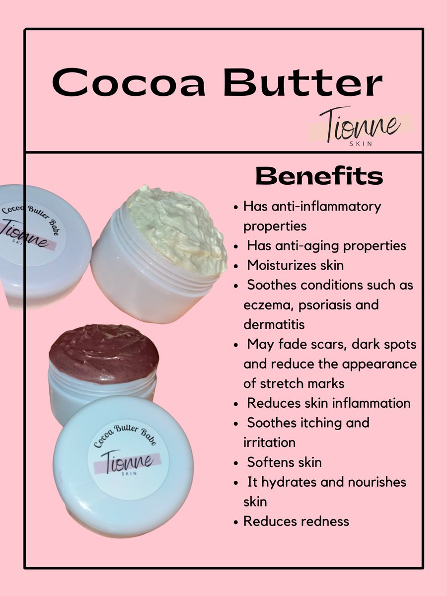 tionneskin's tweet image. Cocoa Butter provides many benefits!

Cocoa Butter Babe is my Cocoa Butter based body butter that helps to reduce the appearance of scars, stretch marks &amp;amp; reduces inflammation on skin, moisturizes &amp;amp; soften skin

It also has a natural chocolate scent that just smells amazing! 😍