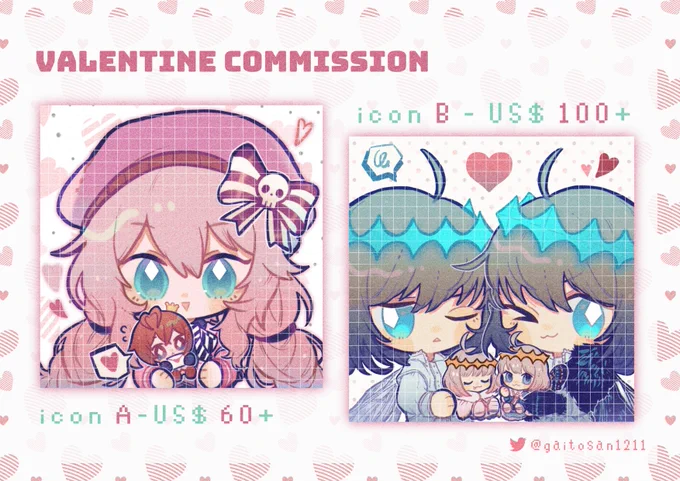 [Feel free to like, share &amp; RTs] 
🌹LIMITED VALENTINES COMMS OPEN🌷

*only accepts 3 slots for icon A &amp; 2 slots for icon B
*can be done before 2/14

payment via PayPal
DM me with any information &amp; discussion ☺️
#commissionsopen #commission 