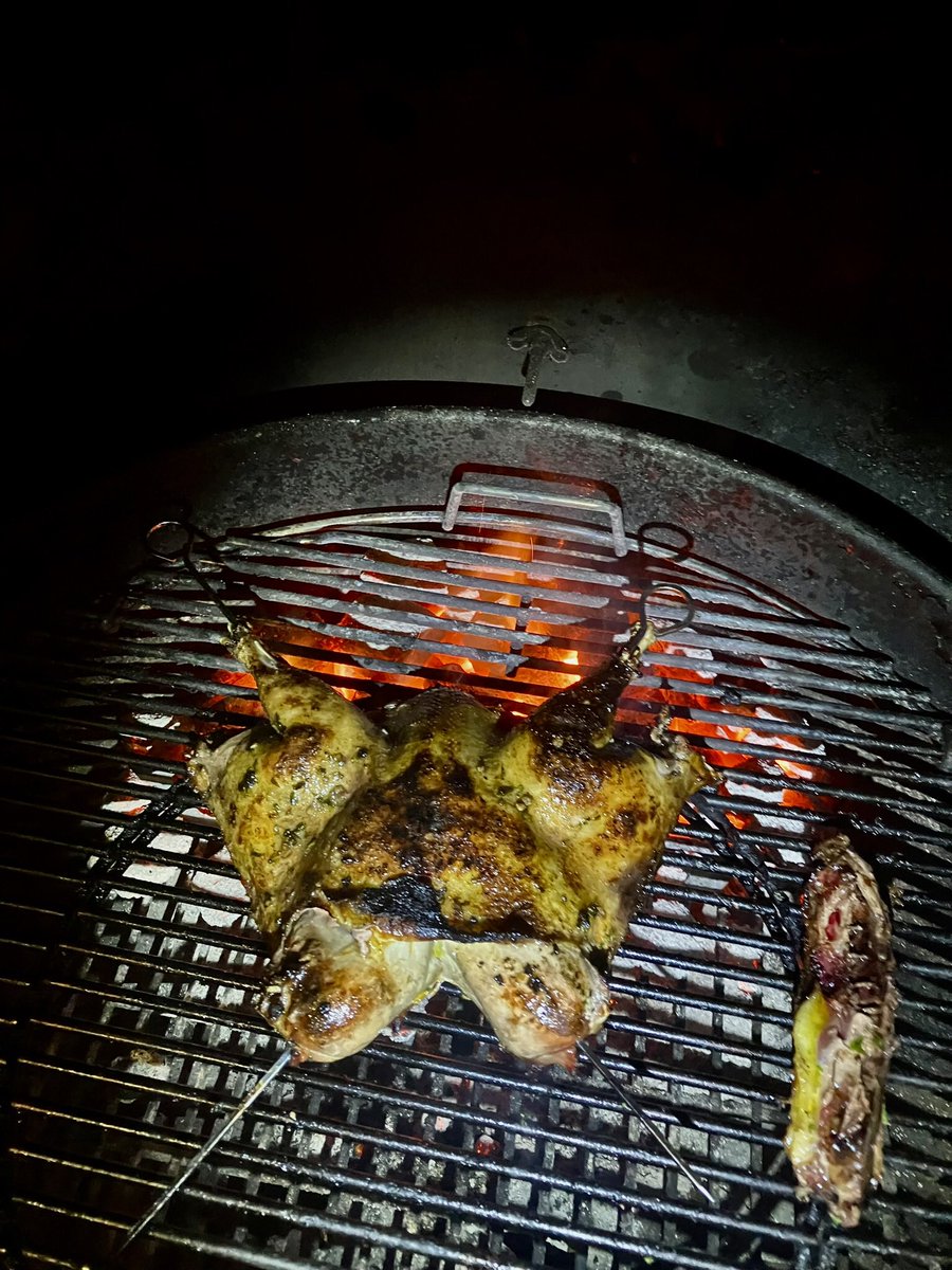 So how did it go. Spatchcock pheasant takes longer than you think. Served with roasties but well happy with it cover in garlic butter. #bbq #pheasant #weberkettle #roastpotatoes #garlicbutter