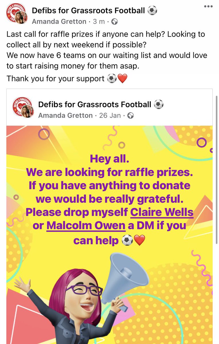 If anyone can help, thank you 🙏 

#nottingham #grassrootsfootball #football #defibrillators #canyouhelp #grateful #raffle #prizes #fundraising #thankyou