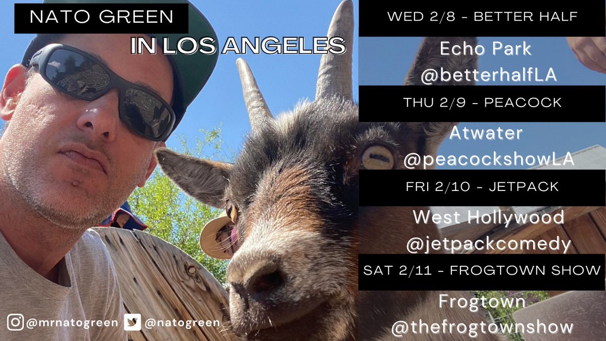 Nato Green (@natogreen) on Twitter photo Hey friends. I’m doing comedy in LA for the first time since before the pandemic. Check me out this week at <a href="/BetterHalfLA/">Better Half Comedy</a> @PeacockShowLA <a href="/JetpackComedy/">Jetpack Comedy</a> <a href="/TheFrogtownShow/">The Frogtown Show</a> . You can get college credits for attending. Hey friends. I’m doing comedy in LA for the first time since before the pandemic. Check me out this week at <a href="/BetterHalfLA/">Better Half Comedy</a> @PeacockShowLA <a href="/JetpackComedy/">Jetpack Comedy</a> <a href="/TheFrogtownShow/">The Frogtown Show</a> . You can get college credits for attending.