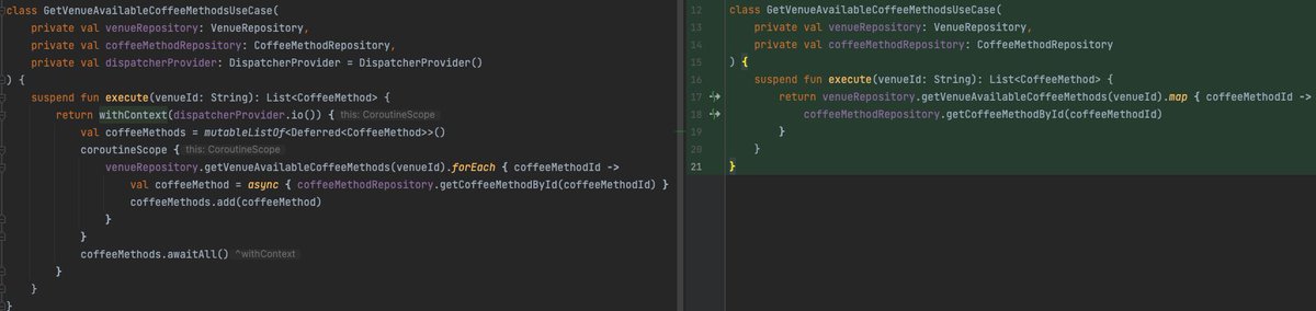 jflavio11's tweet image. What is the improvement here? 🤓

It is an interactor implementation shared for iOS and Android app modules, thanks to #KotlinMultiplatform

#coroutines #kmm