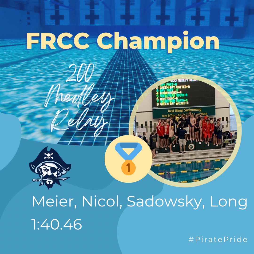 🚨 200 medley relay results🚨 

Bay Port leads wire to wire for the win. B squad brings it home 💪🏻 for third. 

🥇BP A 1:40.46
(Meier,Nicol,Sadowsky,Long)
🥈ASHW 1:45.55
🥉BP B 1:46.43
(Beth,Daul,Geurts,Beatty)
Exh. BP C 1:52.05
(Cherek,Schilz,
LaFrombois,Barden)