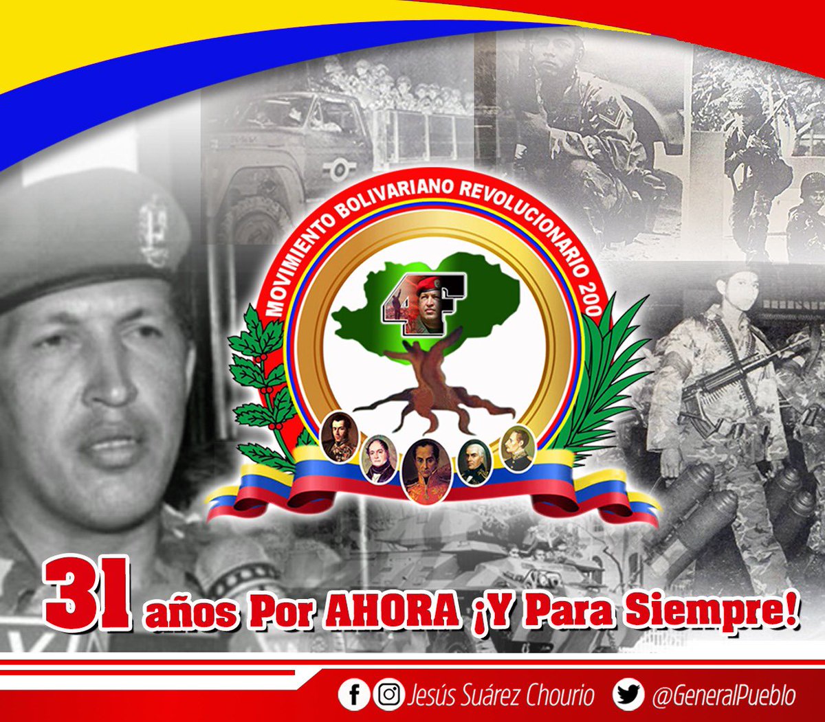 GeneralPueblo's tweet photo. Hace 31 años de ese grito de rebeldía y dignidad que se ha sembrado en nuestras entrañas para tener vivo el ejemplo de nuestro Gigante HUGO CHÁVEZ. Como olvidar ese camino glorioso que transitamos juntos.  ¡Que Viva por siempre el #4F! https://t.co/u2hcHzniAm