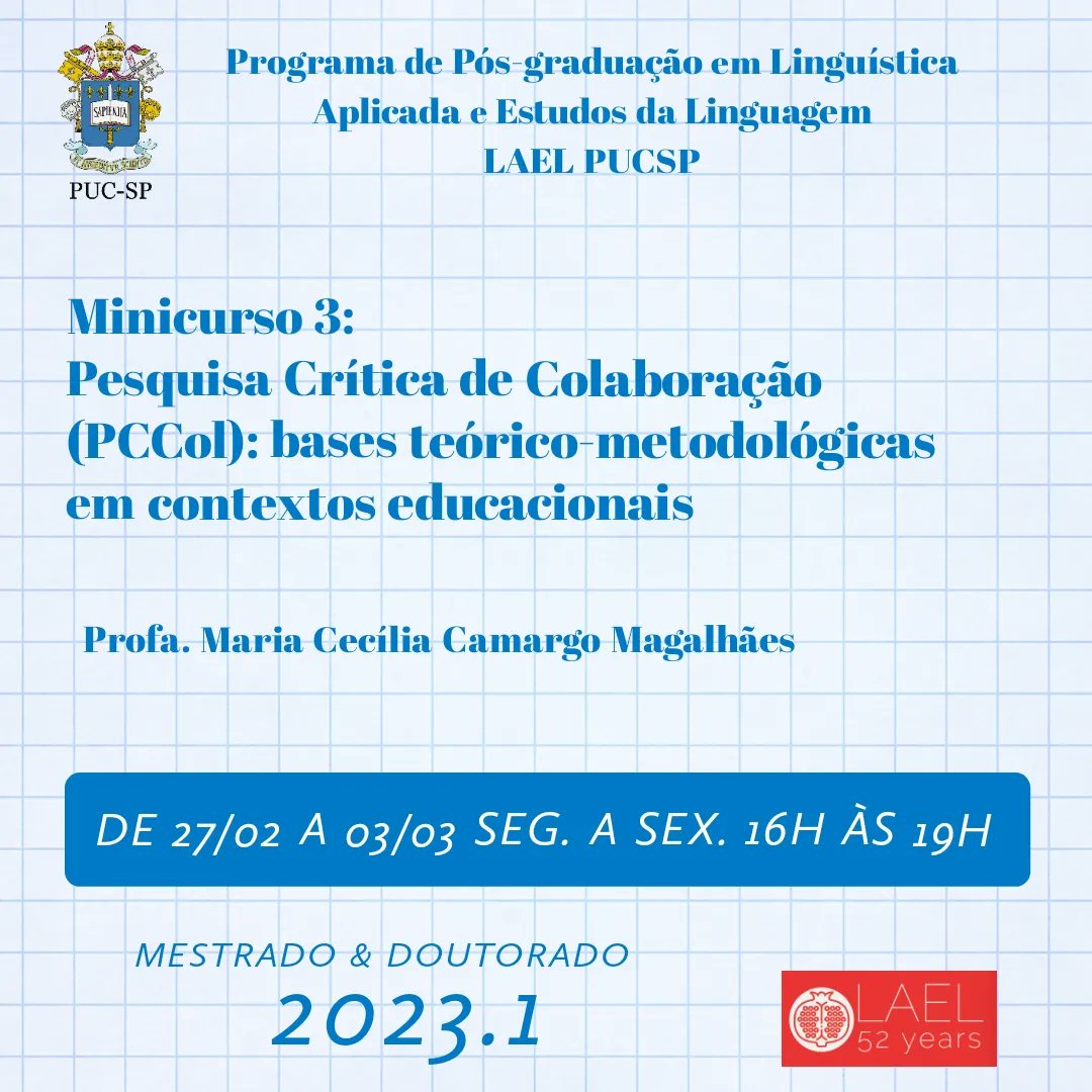 linktr.ee/laelpucsp

Agenda de minicursos do primeiro semestre de 2023.

Os minicursos acontecem do dia 27/02 até o dia 03/03.

O LAEL fica na rua Ministro Godói, 969, quarto andar, sala 4B02.