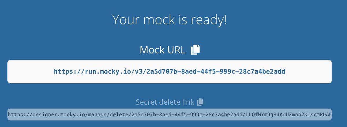 Este recurso para desarrolladores crea una API de prueba para tu proyecto.

Se llama Mocky:

- Endpoints con cualquier Status Code
- Configura los HTTP Headers
- Todo tipo de respuestas
- Gratis y sin registros

designer.mocky.io