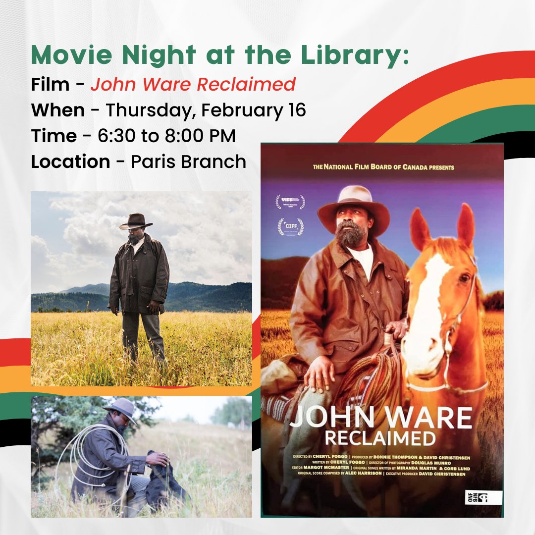 brantlibrary's tweet image. Learn about and celebrate Black History at the Library!

📽️ Registration is open for a screening of John Ware Reclaimed. This featured movie night takes place Thursday, February 16, from 6:30-8 PM at the #ParisBranch. Visit ow.ly/y5zr50MJMNz (link in our bio) to register.