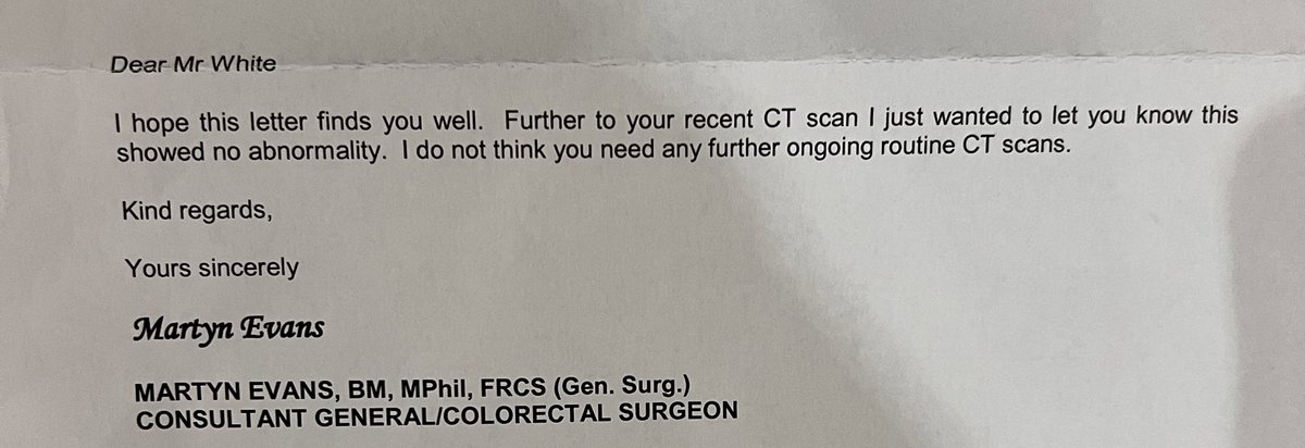 World Cancer Day 2023…and what do I get in the post this morning. ALL CLEAR…5 years clear - no more scans. Thank you @evanscolorectal & all within the #nhs #bowelcancer #checkyourpoo
