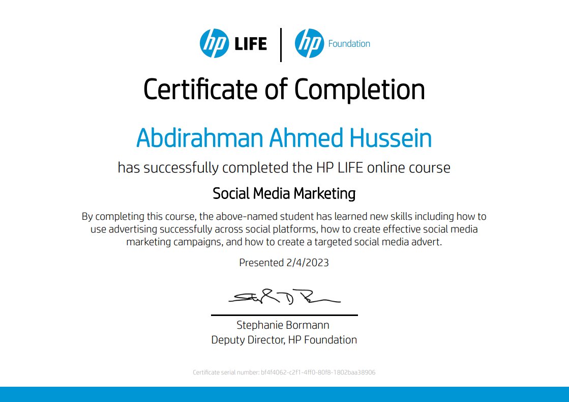 Alhamdulillah! Successfully completed course on Social Media Marketing from (@HPLIFE) and obtained certificate.