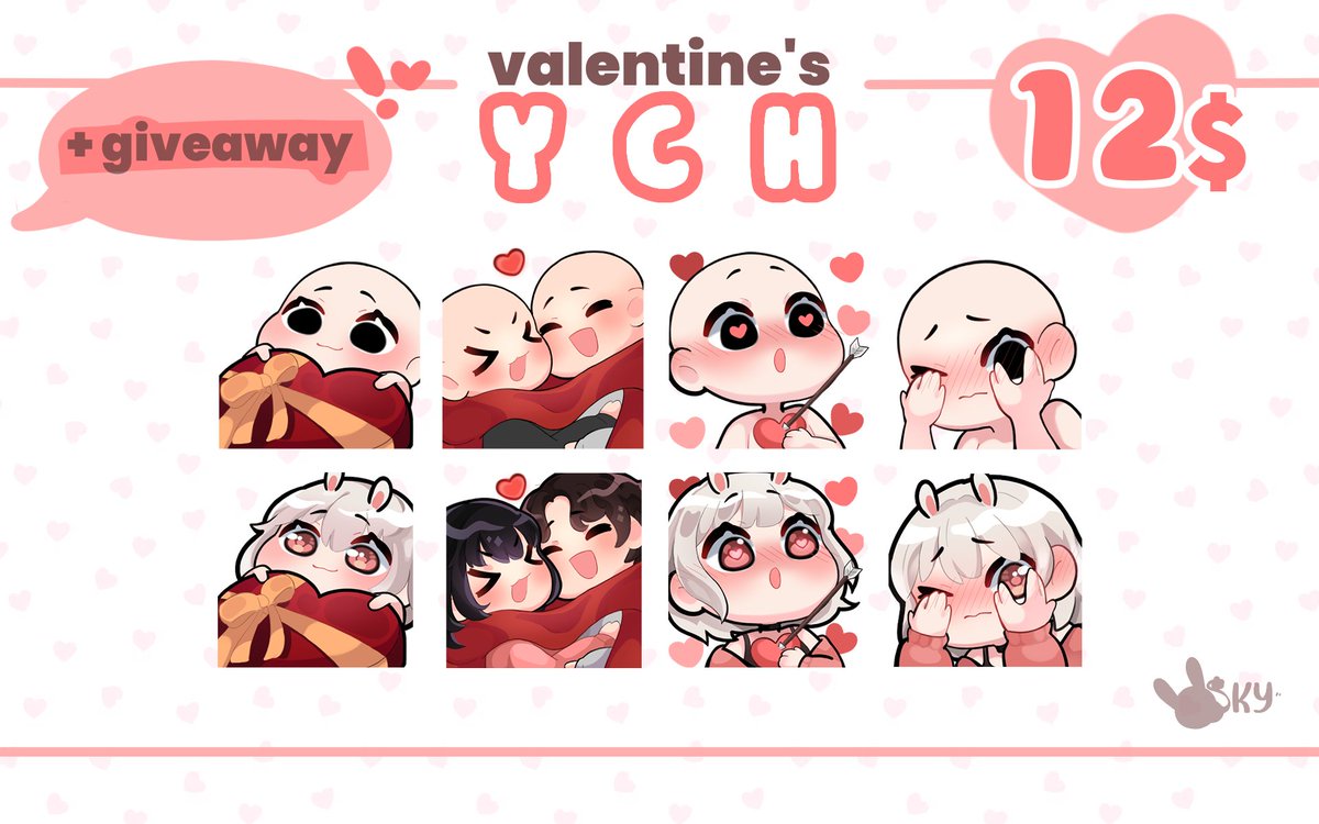 ✧.* Valentine's YCH emotes commissions

Only 12$USD per and 10 slots available
Payments are via Paypal

Additionally, ill make a super fast GIVEAWAY of one YCH emote
˚ʚ until 6th february

like and RT for entry ♡

Good luck cuties₍ ᐢ.ˬ.ᐢ₎˚୨
#emotes #ychcommission #YCH
