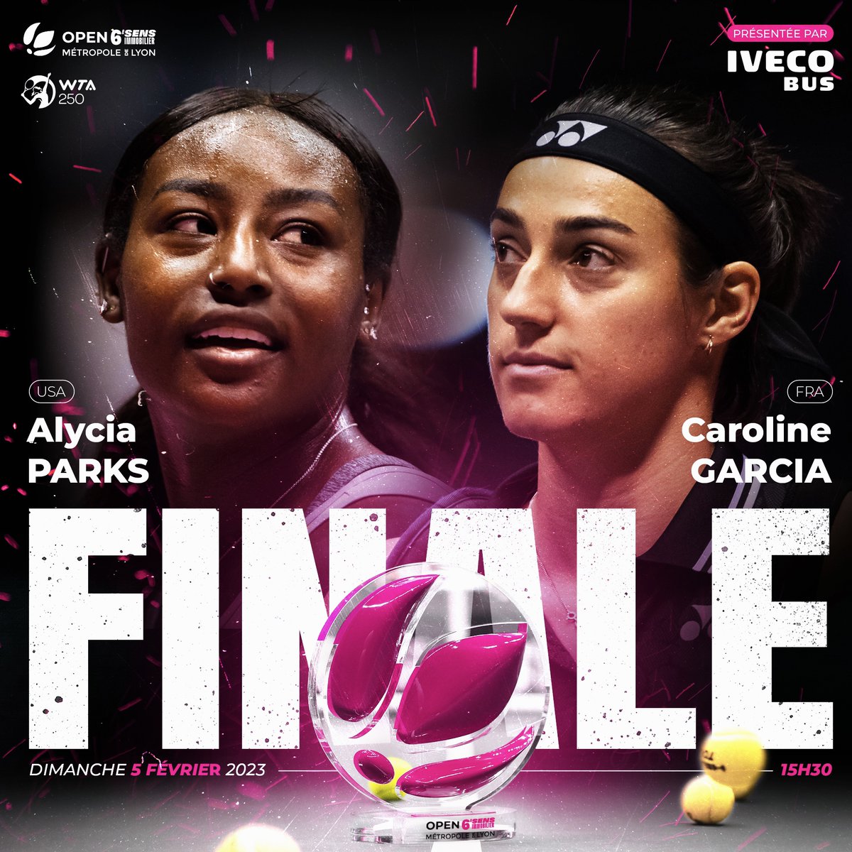 🔥 Iveco Bus vous présente l'affiche de la finale  !

🏆Caroline Garcia tentera de décrocher son premier titre à Lyon (le 12e en carrière) face à la surprenante américaine Alycia Parks !

✔️Rendez-vous demain à 15h30 au pour assister à cette grande finale !